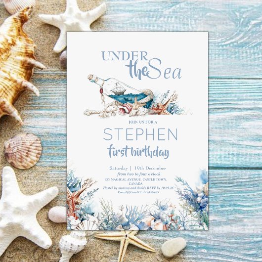 Dusty Blue Onder het Zee Schattige 1e Verjaardagsf Kaart