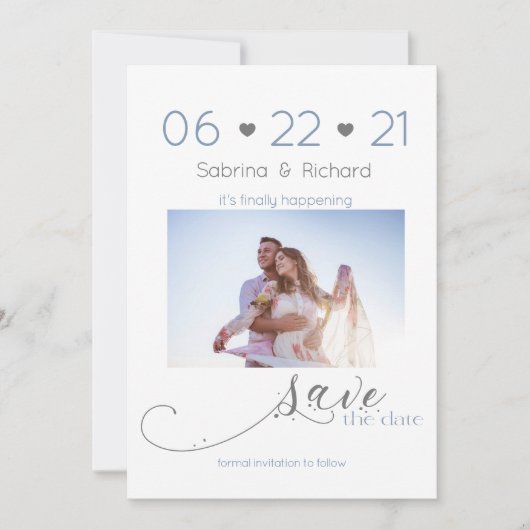 Dusty Blue One Photo Minimalist Save the Date (Voorkant)