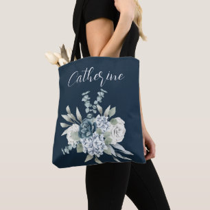 Dusty Blue One Side Script Persoonlijke naam Boho Tote Bag