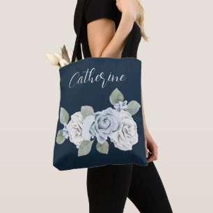 Dusty Blue One Side Script Persoonlijke naam Boho Tote Bag