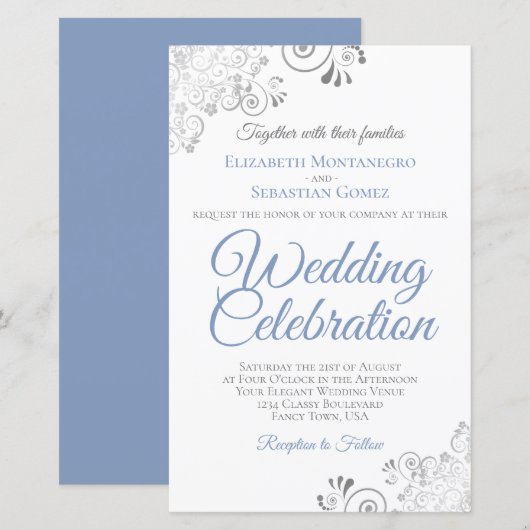 Dusty Blue op White BUDGET Wedding Invite Large (Voorkant / Achterkant)