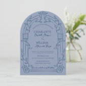 Dusty Blue Ornate Arch Botanical Wedding Kaart (Staand voorkant)