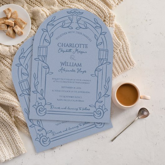 Dusty Blue Ornate Arch Botanical Wedding Kaart