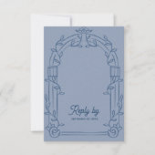 Dusty Blue Ornate Arch Botanical Wedding Reply RSVP Kaartje (Voorkant)
