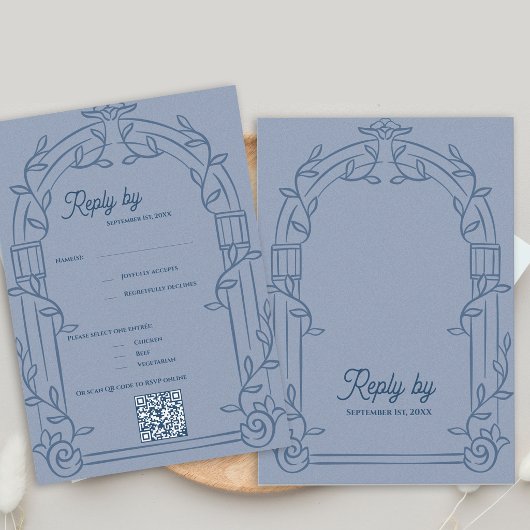 Dusty Blue Ornate Arch Botanical Wedding Reply RSVP Kaartje