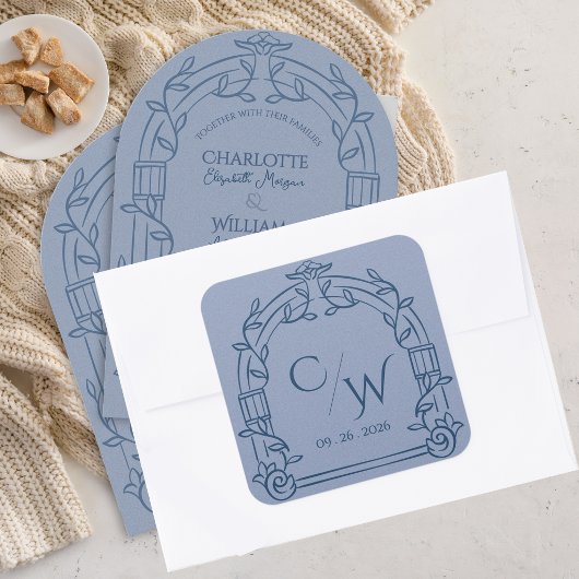 Dusty Blue Ornate Arch Botanical Wedding Vierkante Sticker