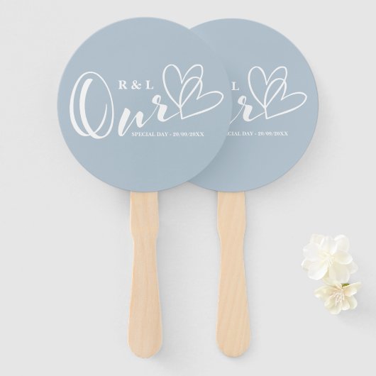Dusty Blue Our Hearts Wedding / Jubileum Handwaaier (Voorkant en achterkant)