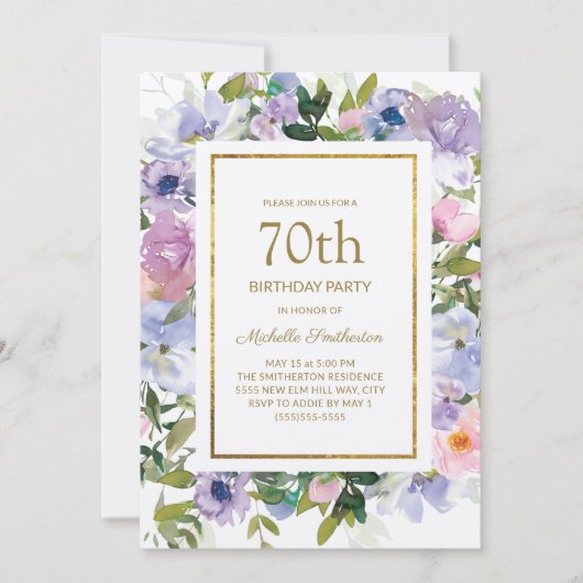 Dusty Blue Paars Floral Gold 70th Birthday Kaart (Voorkant)