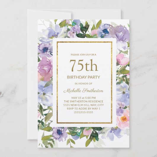 Dusty Blue Paars Floral Gold 75th Birthday Kaart (Voorkant)