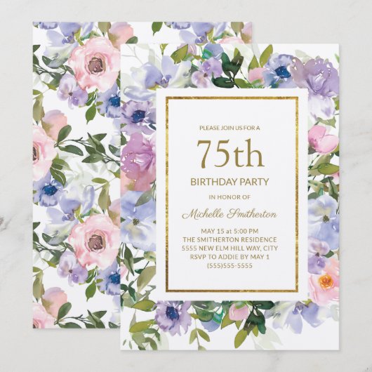 Dusty Blue Paars Floral Gold 75th Birthday Kaart (Voorkant / Achterkant)