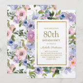 Dusty Blue Paars Floral Gold 80th Birthday Kaart (Voorkant / Achterkant)