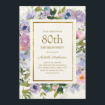 Dusty Blue Paars Floral Gold 80th Birthday Kaart<br><div class="desc">De 80e verjaardag van Elegant dusty blue en paarse waterverf florale vrouwen met groene bladeren en een gouden lijst. De tekst is volledig klantgericht,  zodat kan deze kaart voor om het even welke leeftijd worden veranderd.</div>