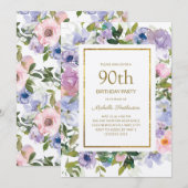 Dusty Blue Paars Floral Gold 90th Birthday Kaart (Voorkant / Achterkant)