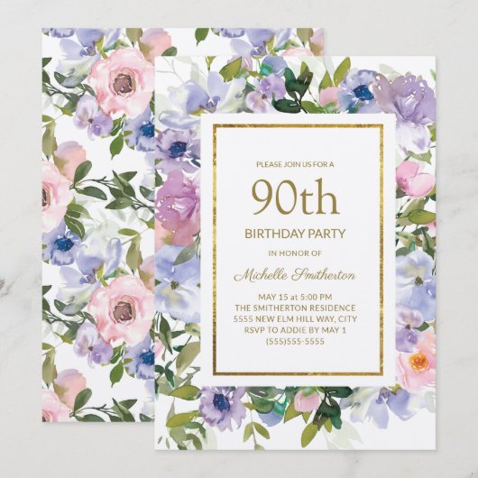 Dusty Blue Paars Floral Gold 90th Birthday Kaart (Voorkant / Achterkant)