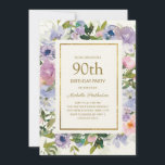 Dusty Blue Paars Floral Gold 90th Birthday Kaart<br><div class="desc">De 90e verjaardag van Elegant dusty blue en paarse waterverf florale vrouwen,  met groene bladeren en een gouden lijst. De tekst is volledig klantgericht,  zodat kan deze kaart voor om het even welke leeftijd worden veranderd.</div>