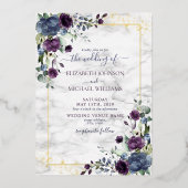 Dusty Blue Paars Gold Floral Wedding Folie Uitnodiging (Voorkant)