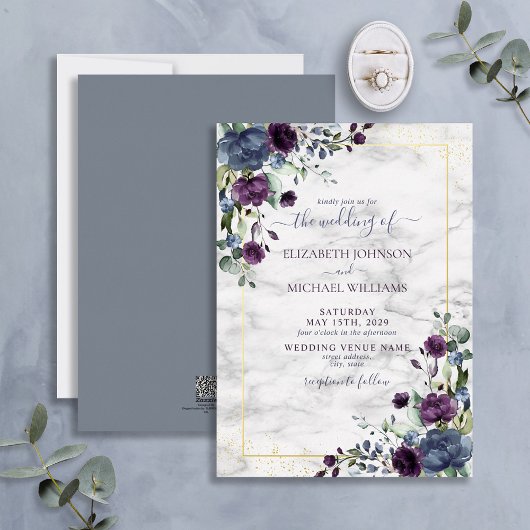 Dusty Blue Paars Gold Floral Wedding Folie Uitnodiging