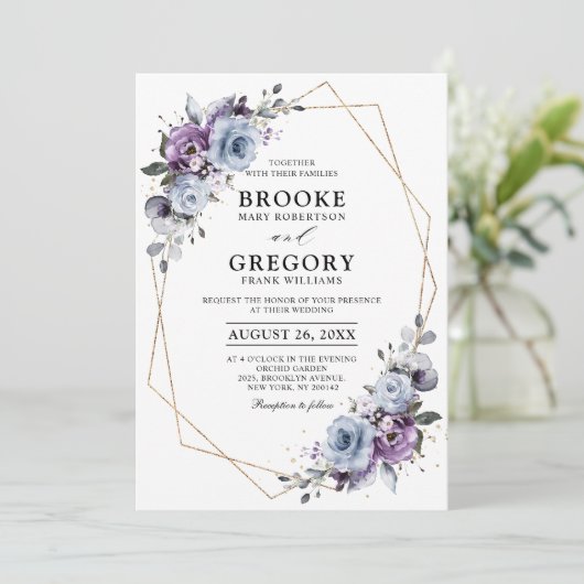 Dusty Blue Paars Gold Geometric Wedding Kaart (Staand voorkant)