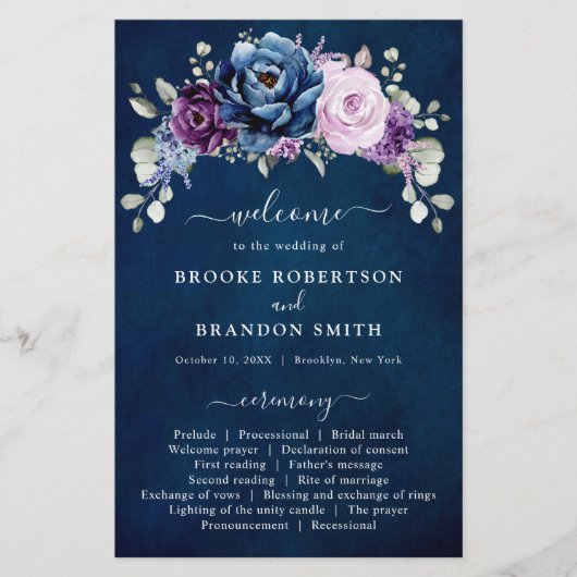 Dusty Blue Paars Lila Blooms Weddenschap Programme (Voorkant)