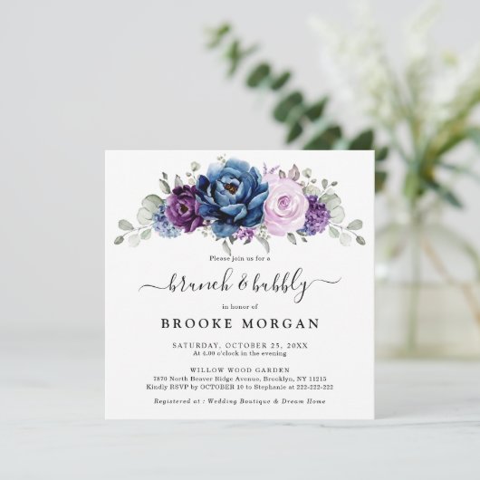 Dusty Blue Paars Navy Lila Bloom Brunch & Bubble Kaart (Staand voorkant)