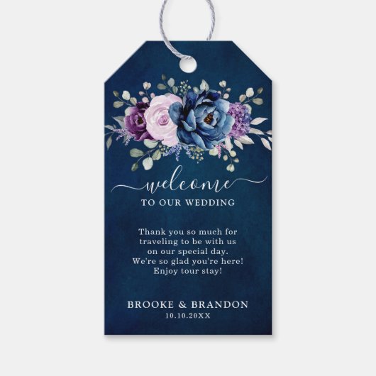 Dusty Blue Paars Navy Lila Bloom Weddenschap Welko Cadeaulabel (Voorkant)