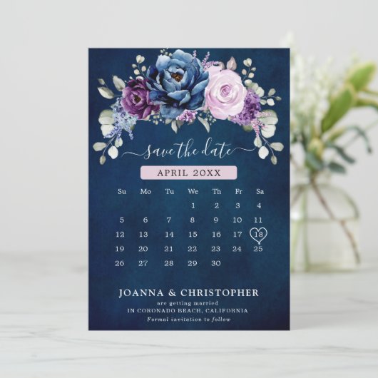 Dusty Blue Paars Navy Lila Blooms Calendar Save Save The Date (Staand voorkant)