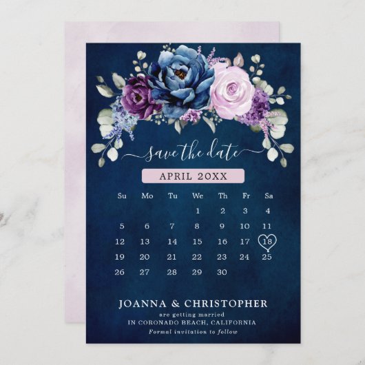Dusty Blue Paars Navy Lila Blooms Calendar Save Save The Date (Voorkant / Achterkant)