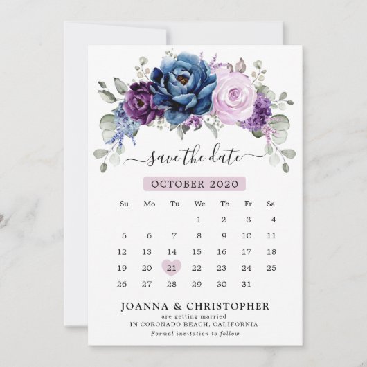 Dusty Blue Paars Navy Lila Blooms Calendar Save The Date (Voorkant)