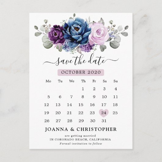 Dusty Blue Paars Navy Lila Blooms Save the Date Briefkaart (Voorkant)