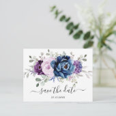 Dusty Blue Paars Navy Lila Blooms Sla de datum op Briefkaart (Staand voorkant)