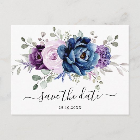 Dusty Blue Paars Navy Lila Blooms Sla de datum op Briefkaart (Voorkant)