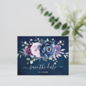 Dusty Blue Paars Navy Lila Blooms Sla de datum op Briefkaart (Staand voorkant)