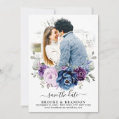 Dusty Blue Paars Navy Lila Blooms Weddenfoto Save The Date (Voorkant)