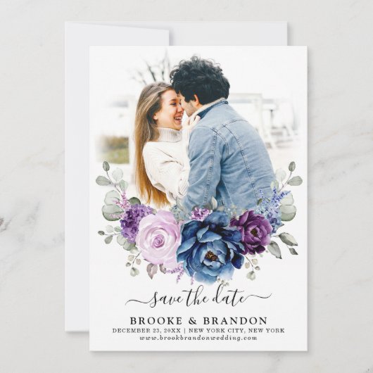 Dusty Blue Paars Navy Lila Blooms Weddenfoto Save The Date (Voorkant)