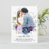 Dusty Blue Paars Navy Lila Blooms Weddenfoto Save The Date (Staand voorkant)