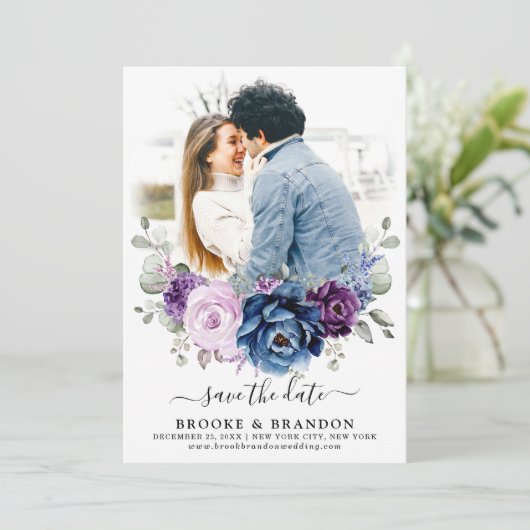 Dusty Blue Paars Navy Lila Blooms Weddenfoto Save The Date (Staand voorkant)