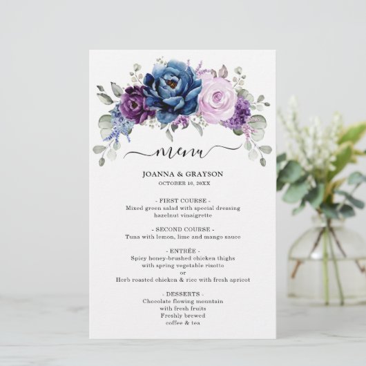 Dusty Blue Paars Navy Lila Blooms WeddenMenu (Staand voorkant)