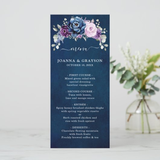 Dusty Blue Paars Navy Lila Blooms WeddenMenu Menu (Staand voorkant)