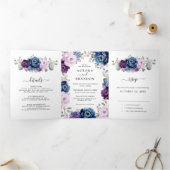Dusty Blue Paars Navy Lila Blooms Weddenschap Drieluik Aankondiging (Binnen)