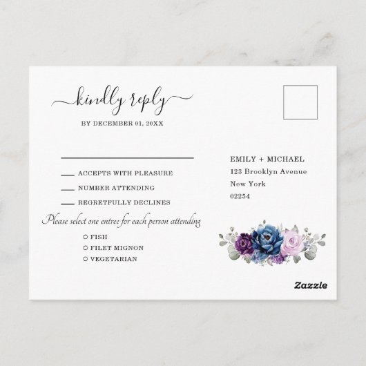 Dusty Blue Paars Navy Lila Blooms Weddenschap RSVP Briefkaart (Achterkant)