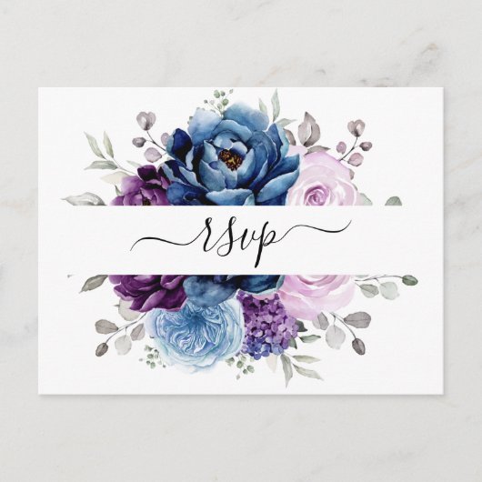 Dusty Blue Paars Navy Lila Blooms Weddenschap RSVP Briefkaart (Voorkant)