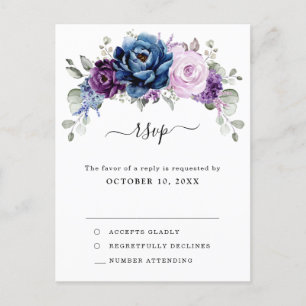 Dusty Blue Paars Navy Lila Blooms Weddenschap RSVP Briefkaart