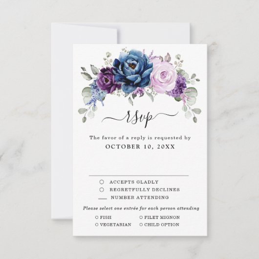 Dusty Blue Paars Navy Lila Blooms Weddenschap RSVP Kaartje (Voorkant)