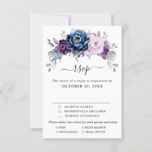 Dusty Blue Paars Navy Lila Blooms Weddenschap RSVP Kaartje