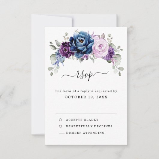 Dusty Blue Paars Navy Lila Blooms Weddenschap RSVP Kaartje (Voorkant)