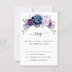 Dusty Blue Paars Navy Lila Blooms Weddenschap RSVP Kaartje