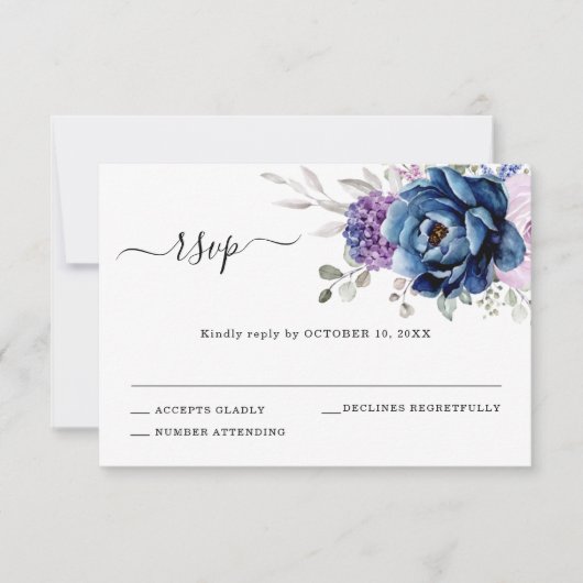 Dusty Blue Paars Navy Lila Blooms Weddenschap RSVP Kaartje (Voorkant)