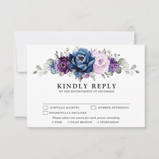 Dusty Blue Paars Navy Lila Blooms Weddenschap RSVP Kaartje (Voorkant)