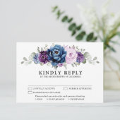 Dusty Blue Paars Navy Lila Blooms Weddenschap RSVP Kaartje (Staand voorkant)