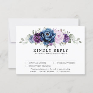 Dusty Blue Paars Navy Lila Blooms Weddenschap RSVP Kaartje
